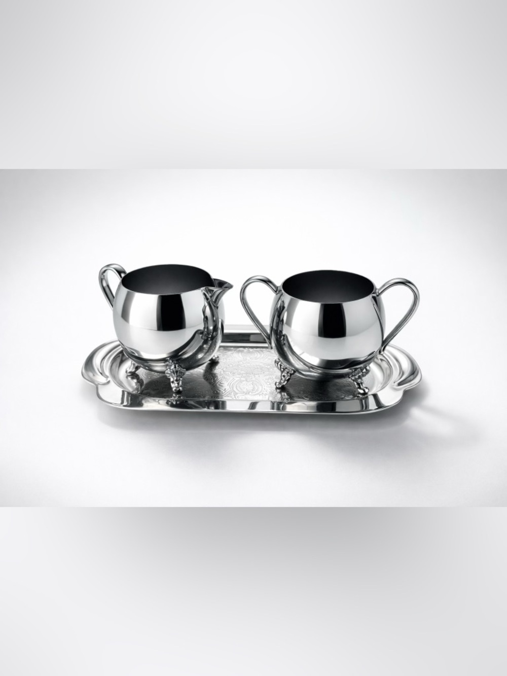Vintage Polished Chrome Creamer and Sugar Set on Embossed Tray